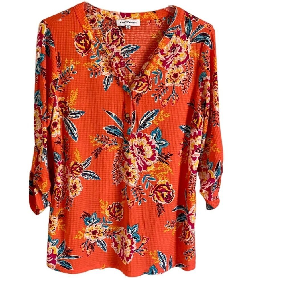 Emily Daniels Orange Floral Print 3/4 Sleeves Top Women's Medium NEW